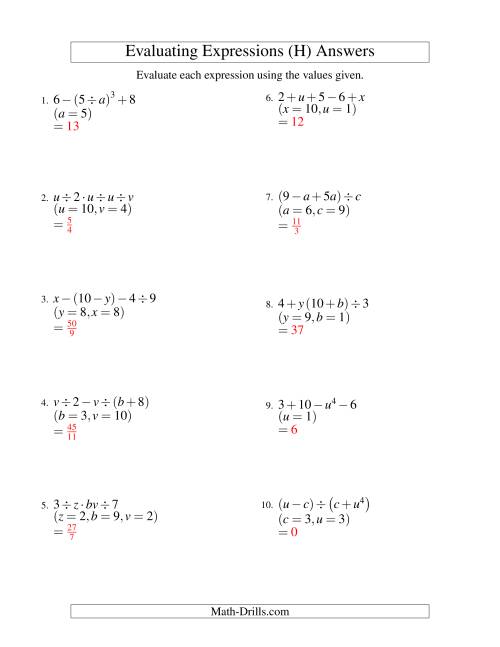 The Evaluating Four-Step Algebraic Expressions with Three Variables (H) Math Worksheet Page 2