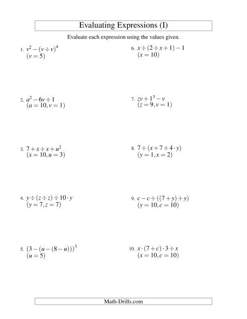 The Evaluating Four-Step Algebraic Expressions with Three Variables (I) Math Worksheet