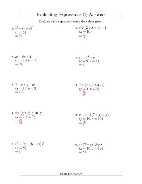 The Evaluating Four-Step Algebraic Expressions with Three Variables (I) Math Worksheet Page 2