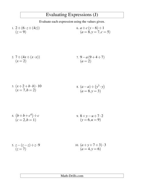 The Evaluating Four-Step Algebraic Expressions with Three Variables (J) Math Worksheet