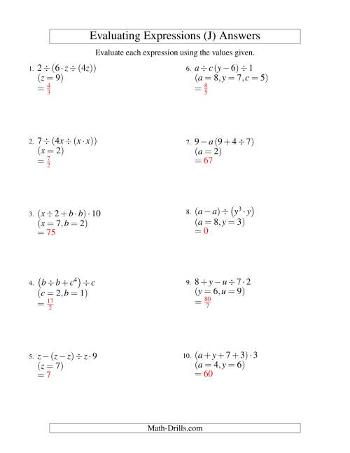 The Evaluating Four-Step Algebraic Expressions with Three Variables (J) Math Worksheet Page 2