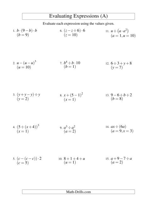 The Evaluating Three-Step Algebraic Expressions with Two Variables (A) Math Worksheet