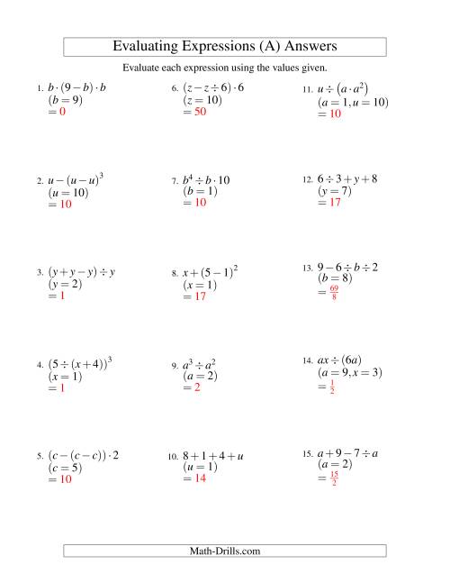 The Evaluating Three-Step Algebraic Expressions with Two Variables (A) Math Worksheet Page 2