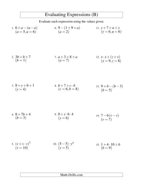 The Evaluating Three-Step Algebraic Expressions with Two Variables (B) Math Worksheet
