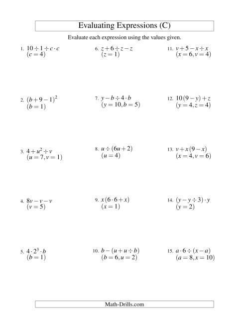 The Evaluating Three-Step Algebraic Expressions with Two Variables (C) Math Worksheet