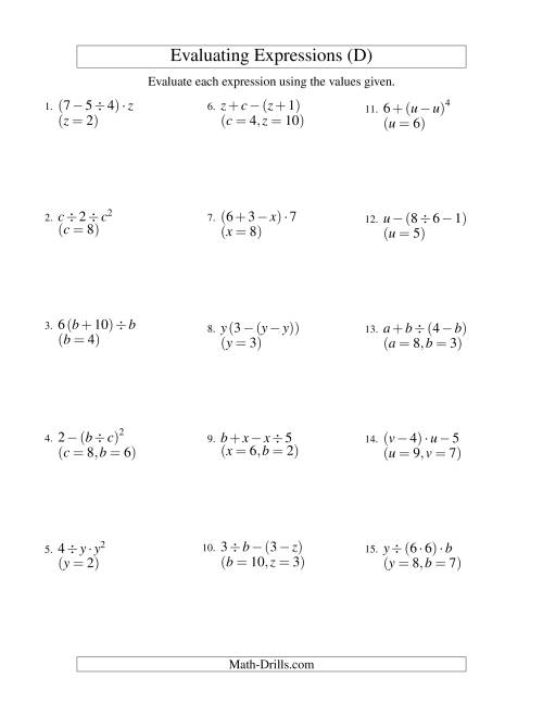 The Evaluating Three-Step Algebraic Expressions with Two Variables (D) Math Worksheet