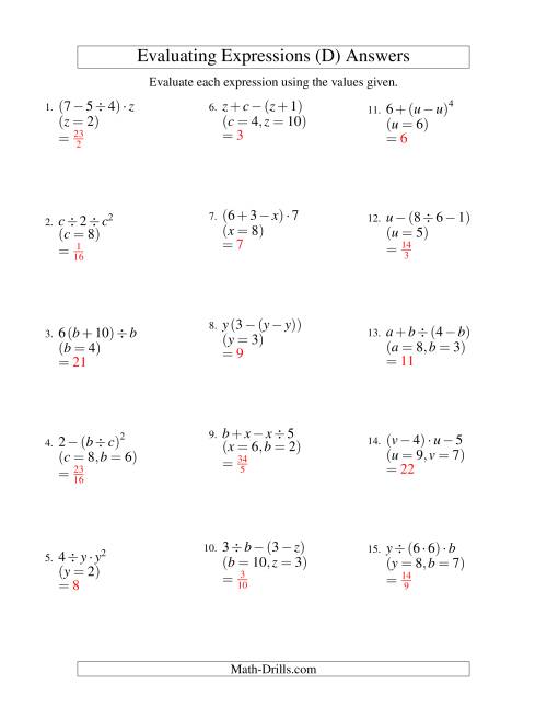 The Evaluating Three-Step Algebraic Expressions with Two Variables (D) Math Worksheet Page 2