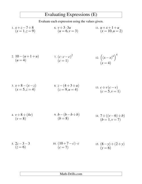 The Evaluating Three-Step Algebraic Expressions with Two Variables (E) Math Worksheet