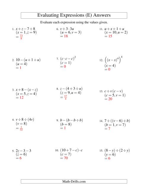 The Evaluating Three-Step Algebraic Expressions with Two Variables (E) Math Worksheet Page 2