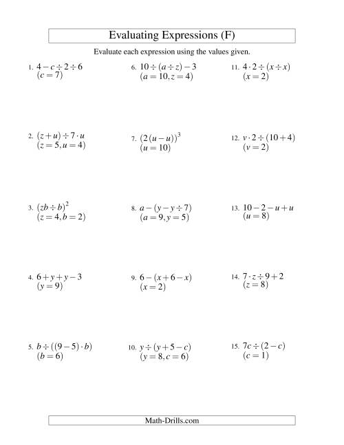 The Evaluating Three-Step Algebraic Expressions with Two Variables (F) Math Worksheet