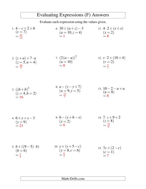 The Evaluating Three-Step Algebraic Expressions with Two Variables (F) Math Worksheet Page 2