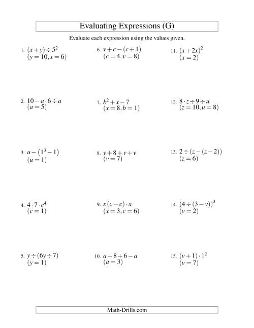 The Evaluating Three-Step Algebraic Expressions with Two Variables (G) Math Worksheet