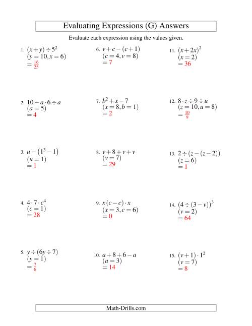 The Evaluating Three-Step Algebraic Expressions with Two Variables (G) Math Worksheet Page 2