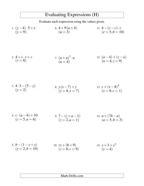 The Evaluating Three-Step Algebraic Expressions with Two Variables (H) Math Worksheet