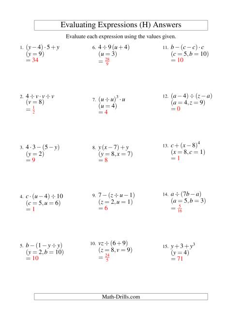 The Evaluating Three-Step Algebraic Expressions with Two Variables (H) Math Worksheet Page 2