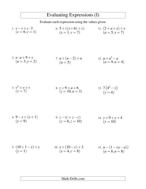 The Evaluating Three-Step Algebraic Expressions with Two Variables (I) Math Worksheet