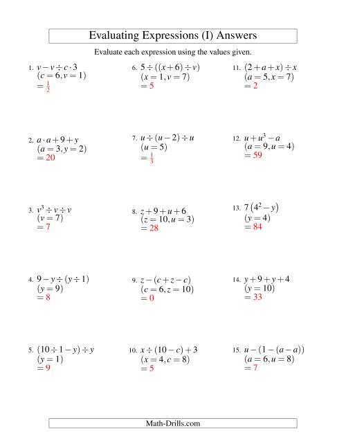 The Evaluating Three-Step Algebraic Expressions with Two Variables (I) Math Worksheet Page 2