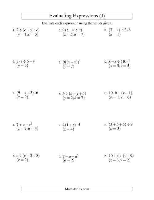 The Evaluating Three-Step Algebraic Expressions with Two Variables (J) Math Worksheet