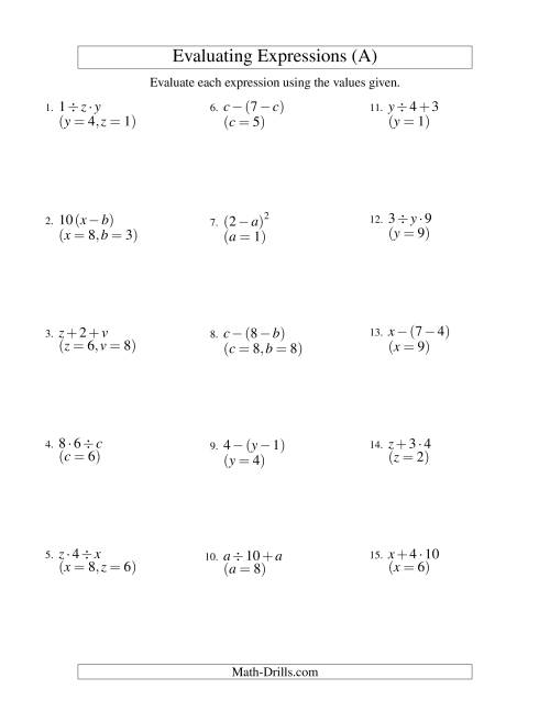 The Evaluating Two-Step Algebraic Expressions with Two Variables (A) Math Worksheet