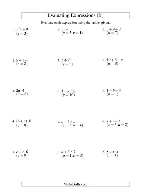 The Evaluating Two-Step Algebraic Expressions with Two Variables (B) Math Worksheet