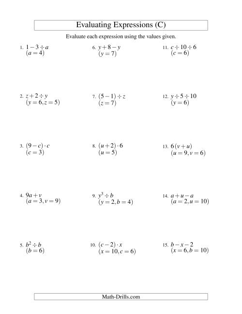 The Evaluating Two-Step Algebraic Expressions with Two Variables (C) Math Worksheet