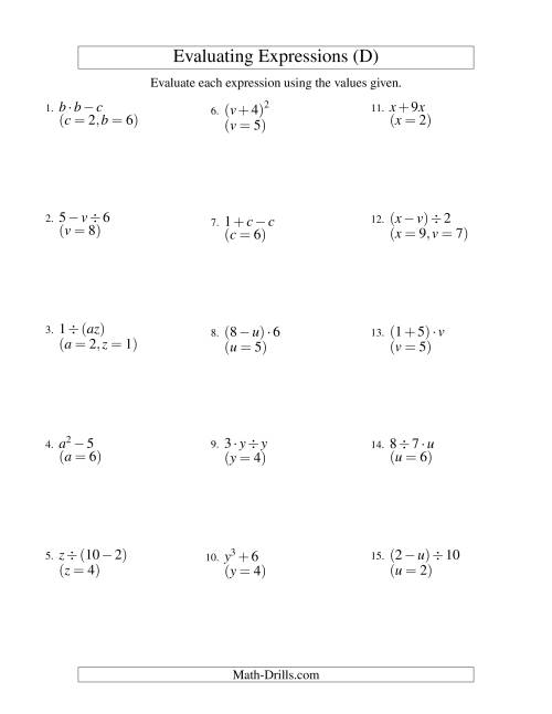 The Evaluating Two-Step Algebraic Expressions with Two Variables (D) Math Worksheet