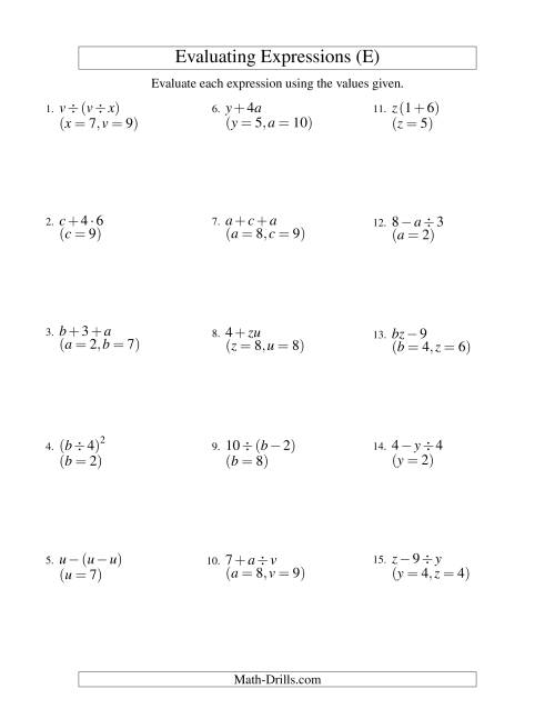 The Evaluating Two-Step Algebraic Expressions with Two Variables (E) Math Worksheet