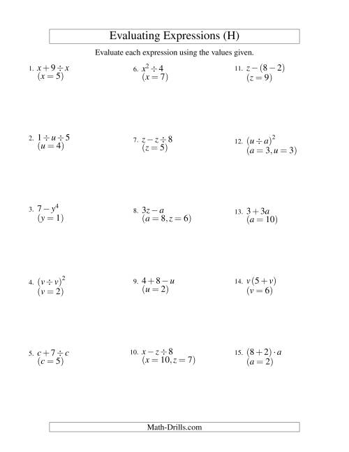 The Evaluating Two-Step Algebraic Expressions with Two Variables (H) Math Worksheet