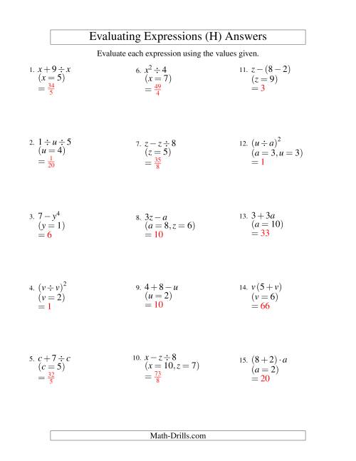 The Evaluating Two-Step Algebraic Expressions with Two Variables (H) Math Worksheet Page 2