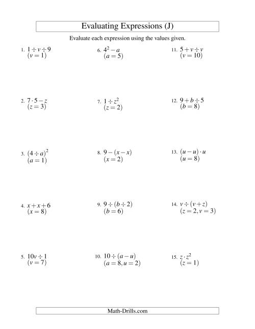 The Evaluating Two-Step Algebraic Expressions with Two Variables (J) Math Worksheet