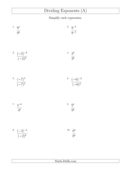 The Dividing Exponents With a Larger or Equal Exponent in the Divisor (With Negatives) (A) Math Worksheet