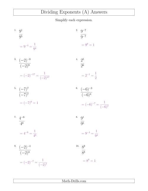The Dividing Exponents With a Larger or Equal Exponent in the Divisor (With Negatives) (A) Math Worksheet Page 2