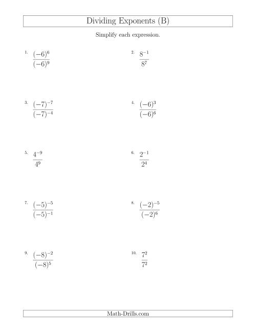 The Dividing Exponents With a Larger or Equal Exponent in the Divisor (With Negatives) (B) Math Worksheet