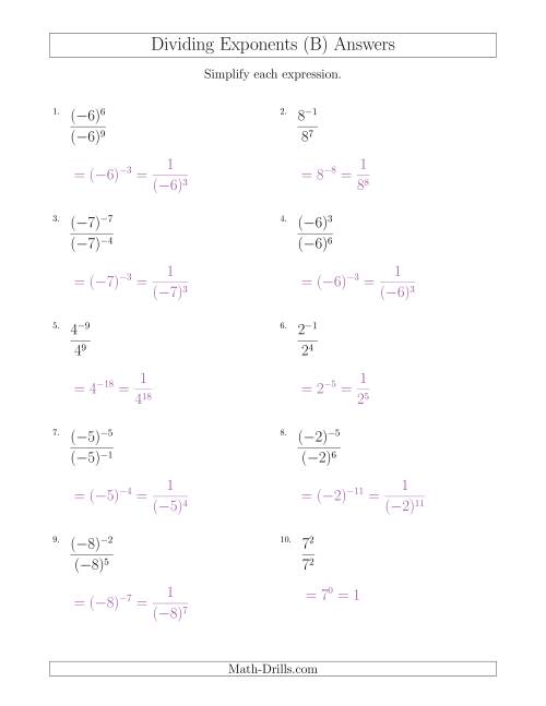 The Dividing Exponents With a Larger or Equal Exponent in the Divisor (With Negatives) (B) Math Worksheet Page 2