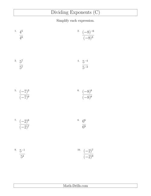 The Dividing Exponents With a Larger or Equal Exponent in the Divisor (With Negatives) (C) Math Worksheet