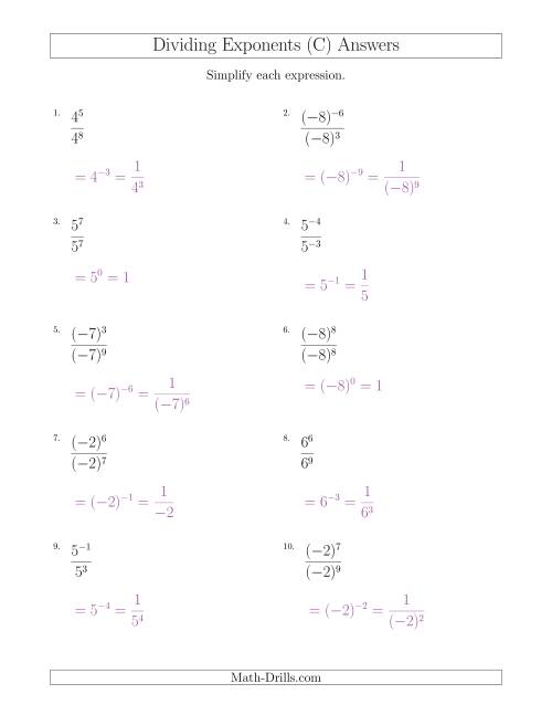 The Dividing Exponents With a Larger or Equal Exponent in the Divisor (With Negatives) (C) Math Worksheet Page 2