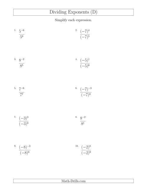 The Dividing Exponents With a Larger or Equal Exponent in the Divisor (With Negatives) (D) Math Worksheet