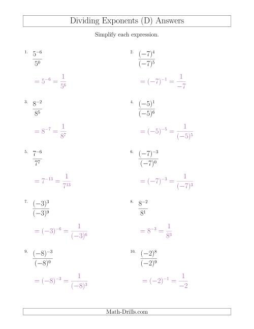The Dividing Exponents With a Larger or Equal Exponent in the Divisor (With Negatives) (D) Math Worksheet Page 2