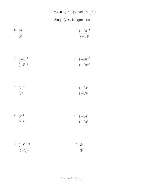 The Dividing Exponents With a Larger or Equal Exponent in the Divisor (With Negatives) (E) Math Worksheet