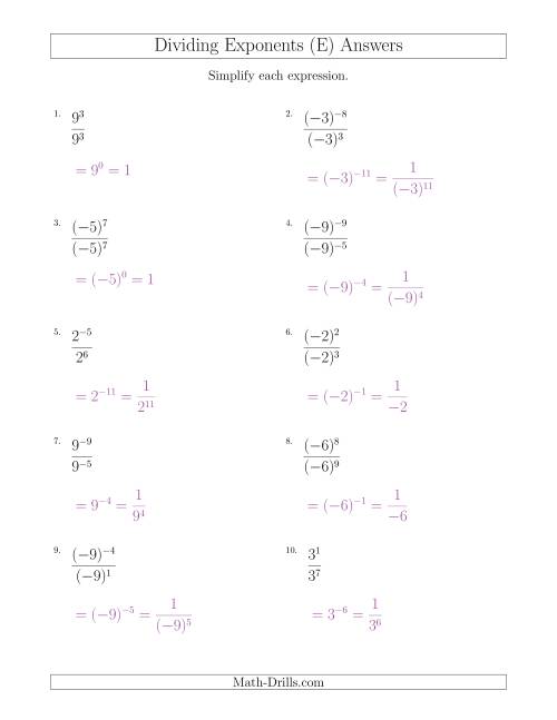 The Dividing Exponents With a Larger or Equal Exponent in the Divisor (With Negatives) (E) Math Worksheet Page 2