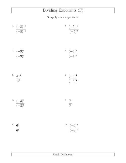 The Dividing Exponents With a Larger or Equal Exponent in the Divisor (With Negatives) (F) Math Worksheet