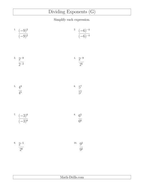 The Dividing Exponents With a Larger or Equal Exponent in the Divisor (With Negatives) (G) Math Worksheet