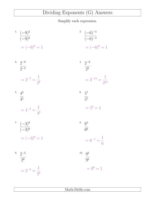 The Dividing Exponents With a Larger or Equal Exponent in the Divisor (With Negatives) (G) Math Worksheet Page 2