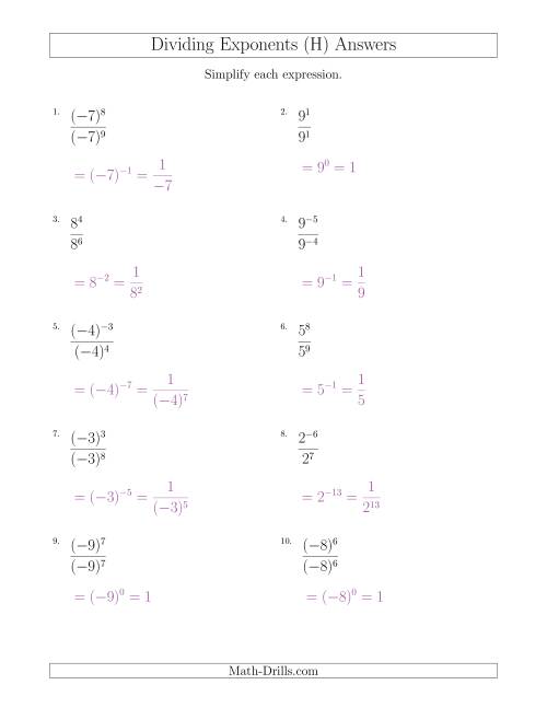 The Dividing Exponents With a Larger or Equal Exponent in the Divisor (With Negatives) (H) Math Worksheet Page 2