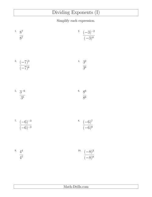 The Dividing Exponents With a Larger or Equal Exponent in the Divisor (With Negatives) (I) Math Worksheet