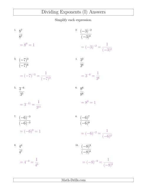 The Dividing Exponents With a Larger or Equal Exponent in the Divisor (With Negatives) (I) Math Worksheet Page 2