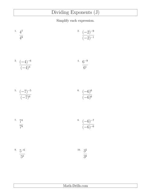 The Dividing Exponents With a Larger or Equal Exponent in the Divisor (With Negatives) (J) Math Worksheet