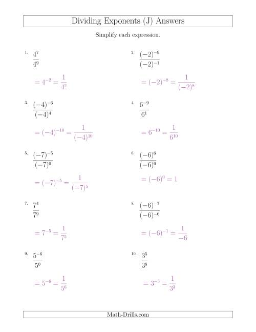 The Dividing Exponents With a Larger or Equal Exponent in the Divisor (With Negatives) (J) Math Worksheet Page 2