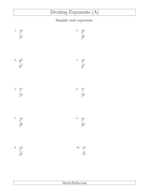 The Dividing Exponents With a Larger or Equal Exponent in the Divisor (All Positive) (A) Math Worksheet