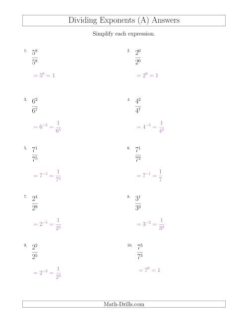 The Dividing Exponents With a Larger or Equal Exponent in the Divisor (All Positive) (A) Math Worksheet Page 2